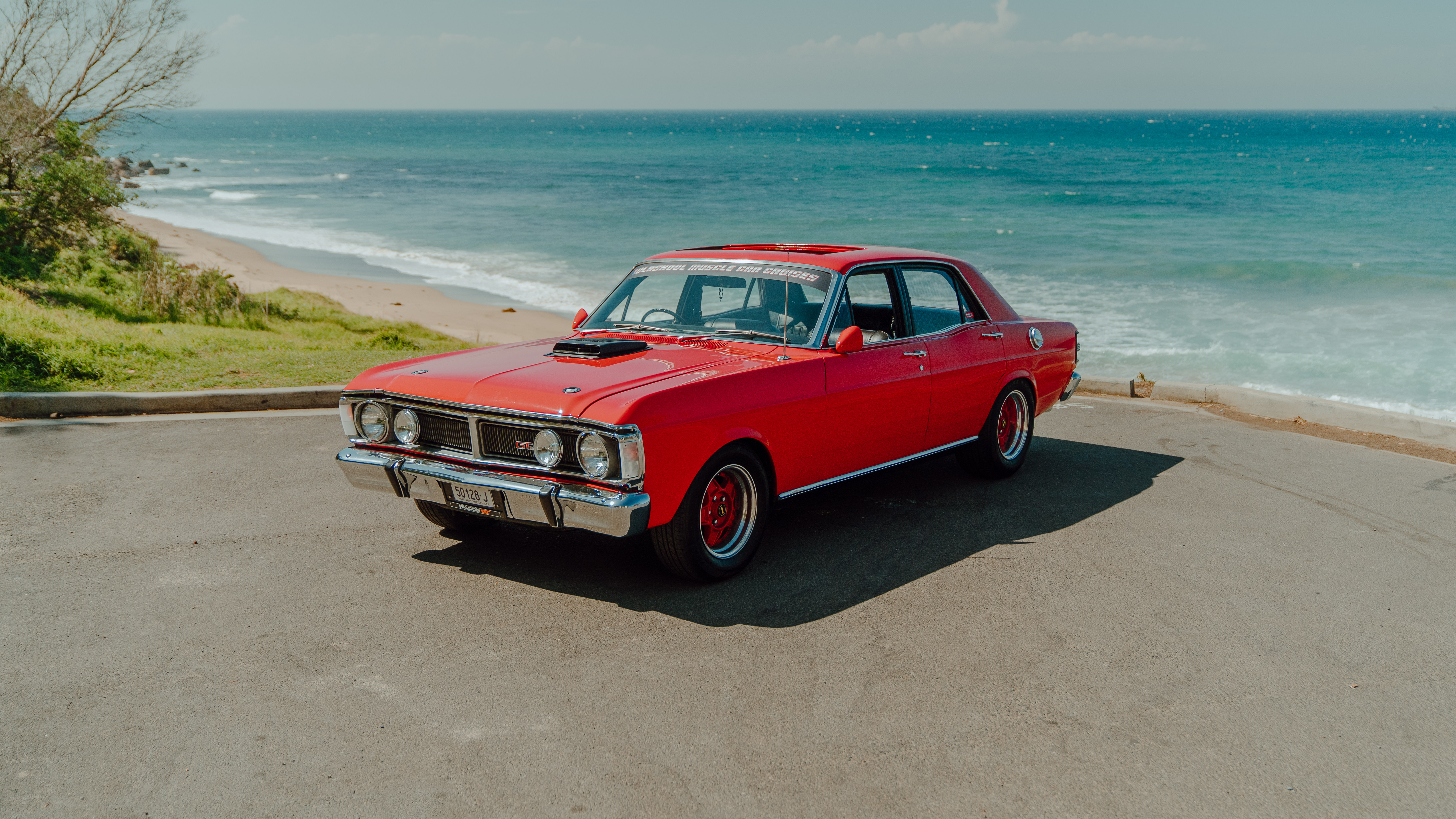 1970 Ford Falcon XY GT with shaker scoop at the beach